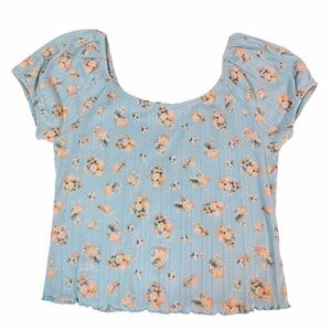 Pink Rose Womens M Blue Floral Short Sleeve Ribbed Knit Scoop Neck Top